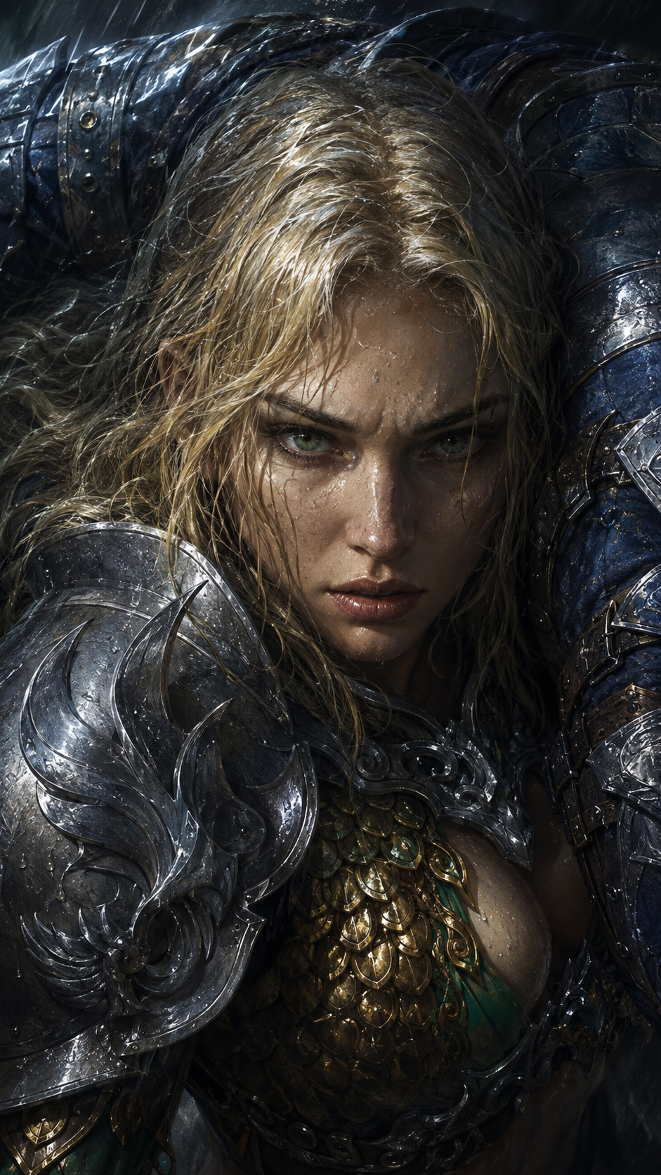 Miriam in intricately worked dark armor, her face marked by effort and rain.